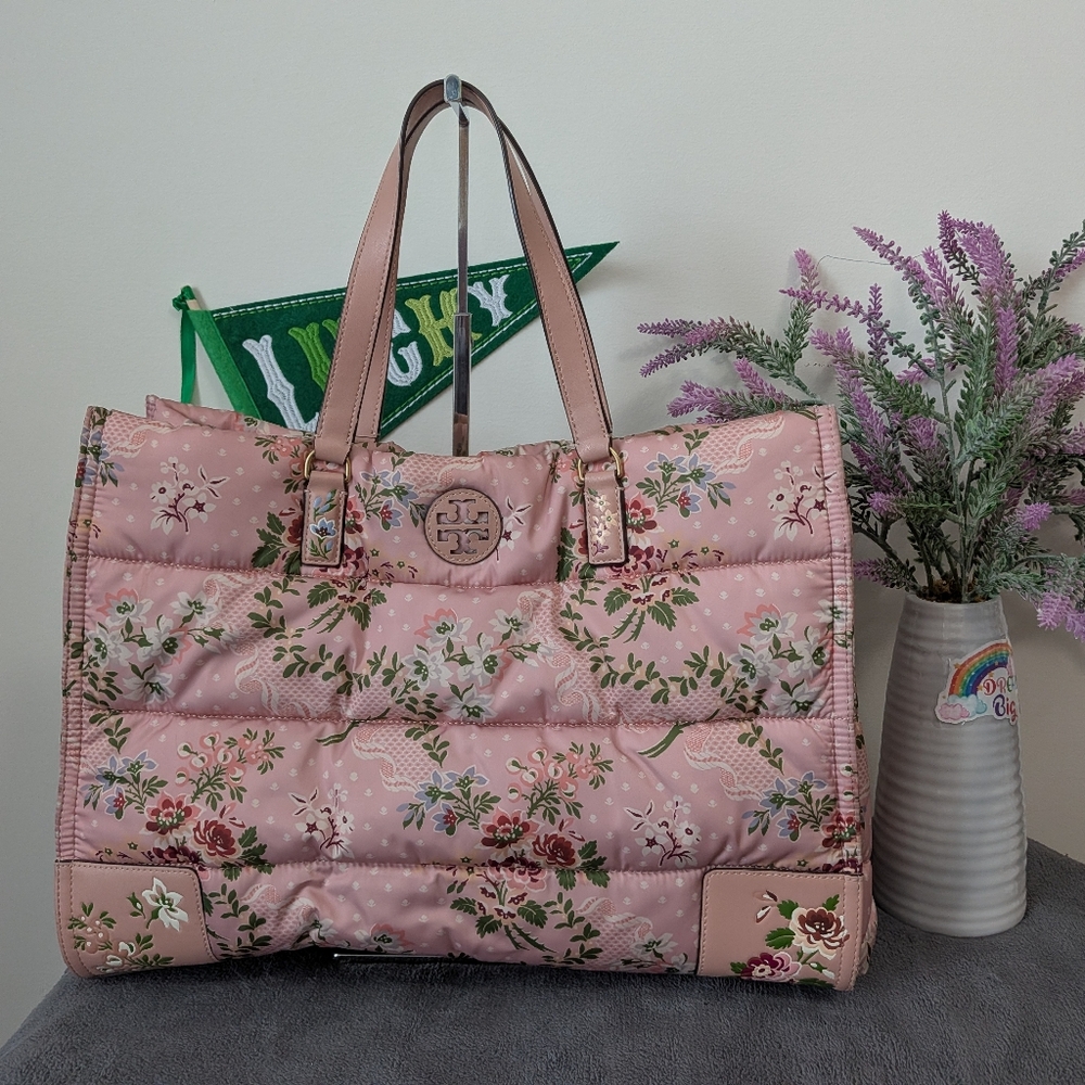 Tory Burch Quilted Nylon Ella Tote In Pink Sugar Berry Floral